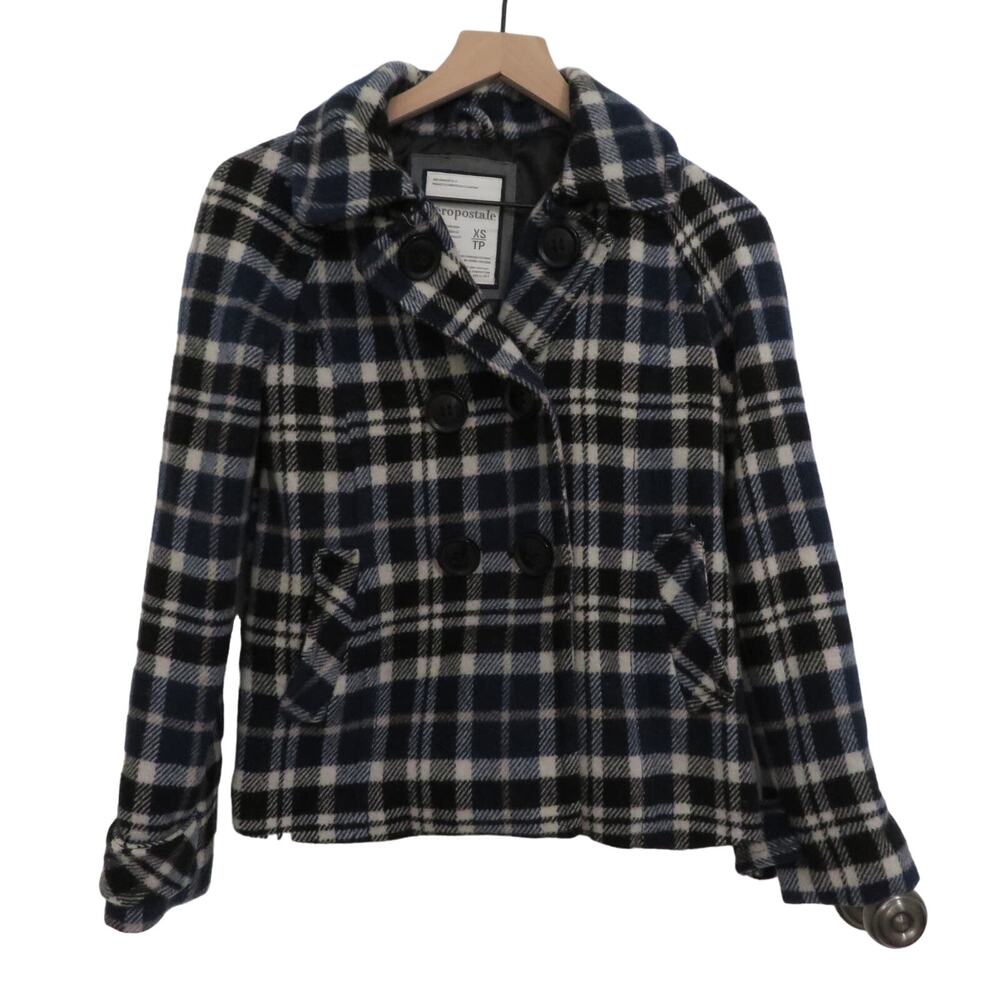 Aeropostale Womens Sz XS Blue Black Plaid Wool Blend Coat Large Button